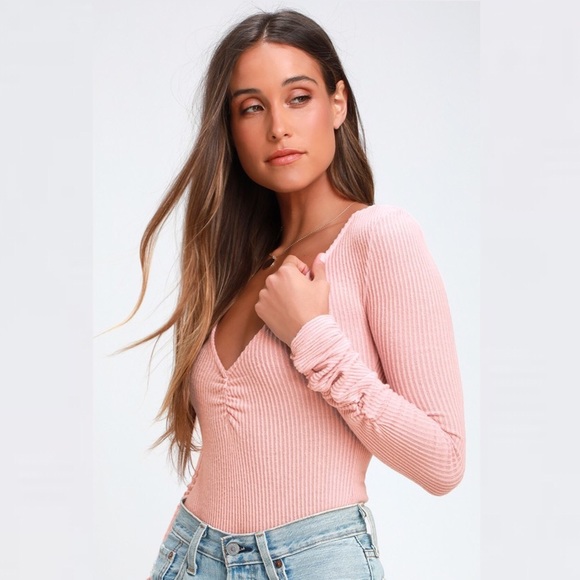 Free People Tops - Free People┃Cozy Up With Me Pink Ribbed Bodysuit